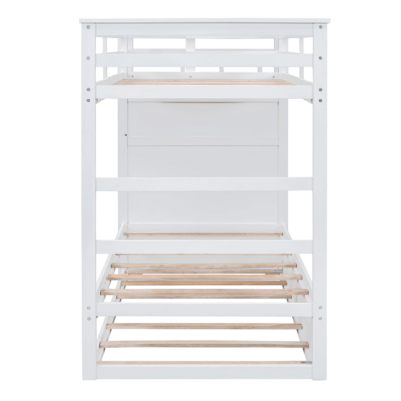 White DreamHaus twin over twin bunk bed with built-in staircase and trundle, featuring a sturdy frame and safety rails.