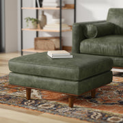 Simpli-Home Morrison handcrafted upholstered ottoman with plush fabric and wooden legs, versatile for living room decor.