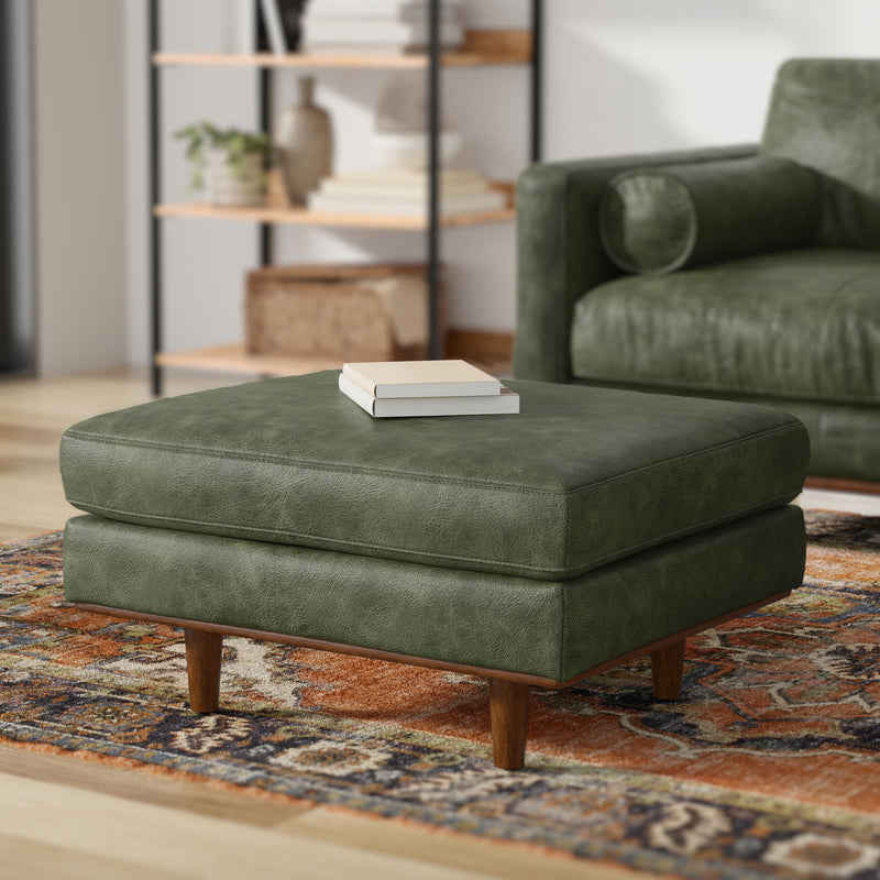 Simpli-Home Morrison handcrafted upholstered ottoman with plush fabric and wooden legs, versatile for living room decor.