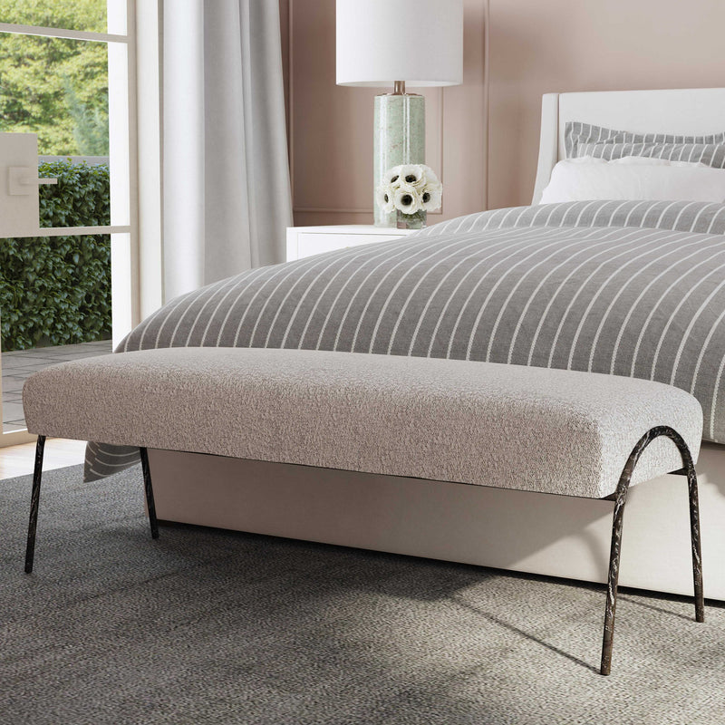 Uttermost Jacobsen Modern Gray Upholstered Bench with sleek design and plush fabric, ideal for contemporary living spaces.