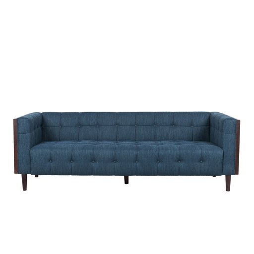 Noble House contemporary mid-century 3-seater sofa with button tufted waffle stitching, stationary design in a stylish living room setting.