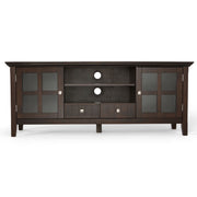 Simpli-Home Acadian TV media stand with open shelves and storage cabinets, made of wood in a rustic finish.