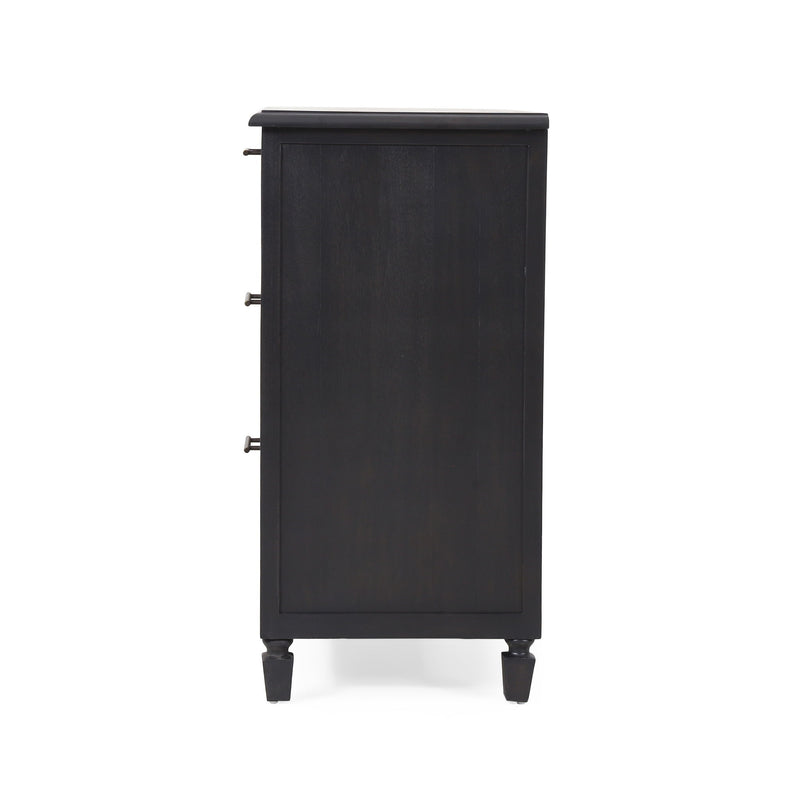 Dark gray Newell Cane 3 Drawer Dresser by Noble House, accent chest with cane detailing and modern design.