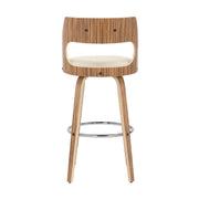 Set of 2 Lumi Source Cecina mid-century modern fixed height barstools with swivel, zebra and cream upholstery, and wood legs.