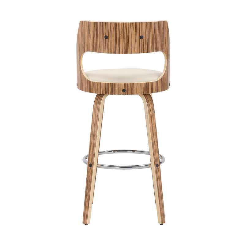 Set of 2 Lumi Source Cecina mid-century modern fixed height barstools with swivel, zebra and cream upholstery, and wood legs.
