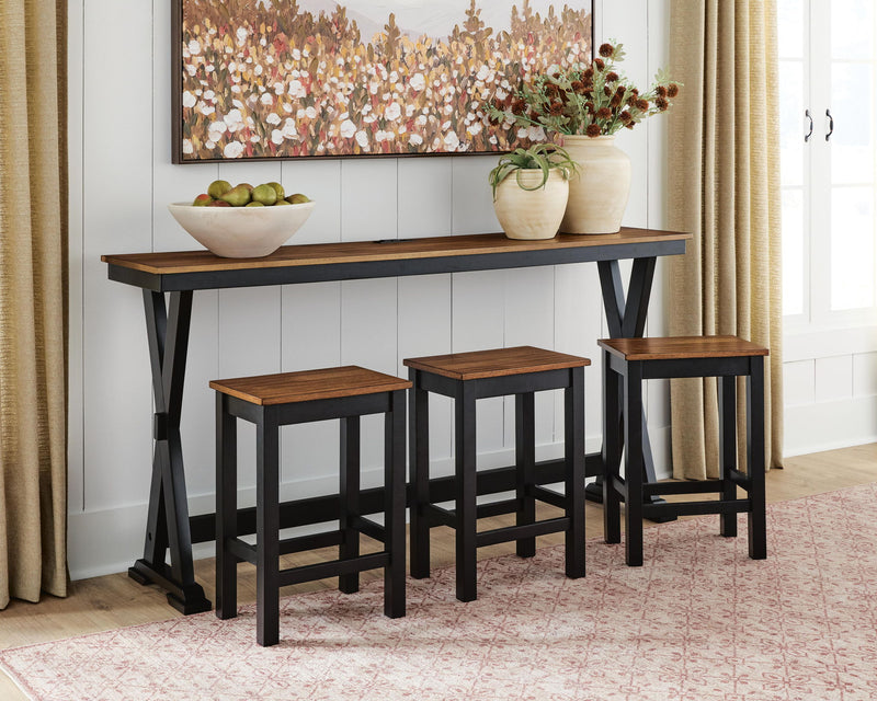 Wildenauer rectangular dining room counter table set with four brown and black dining chairs by Signature Design Ashley.