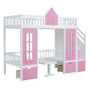 DreamHaus twin over twin bunk bed with changeable table, featuring upper bed and down desk for versatile sleeping and workspace.