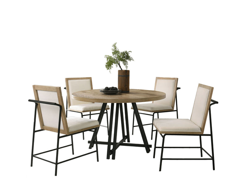 Tate - Round Dining Table With Cream Color Upholstered Chairs (Set of 5) - Oak Finish - R&R Furniture Gallery (Fountain Valley, CA)