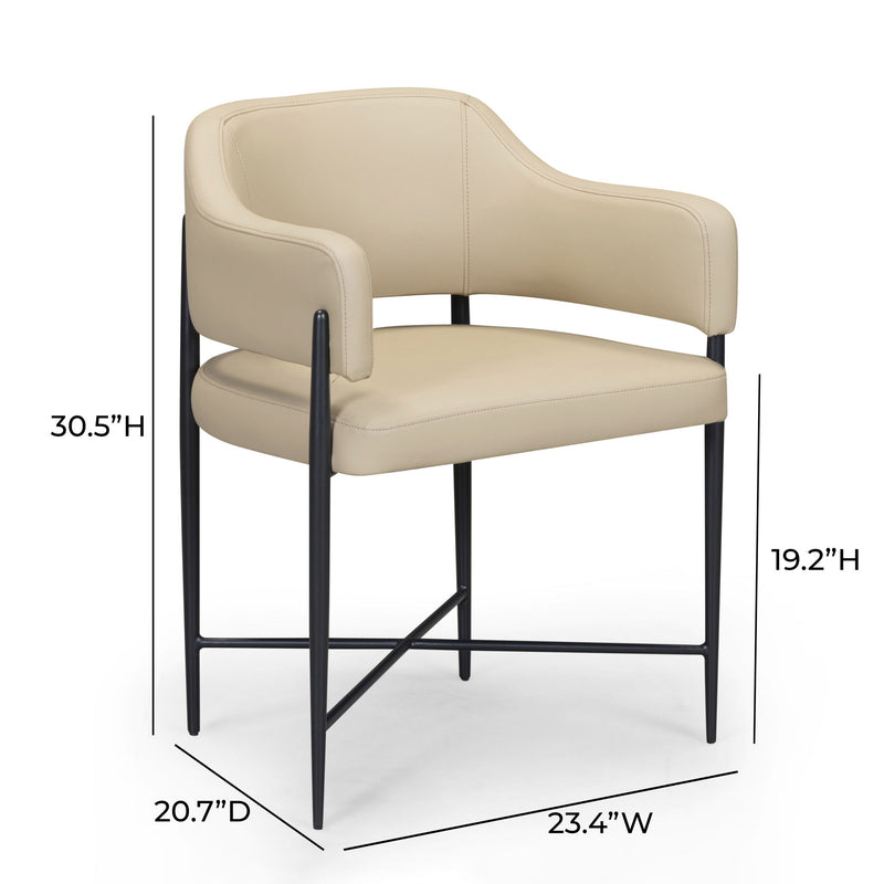 Sezanne vegan leather taupe dining arm chair by TOV Furniture, showcasing a modern design with sleek armrests and plush seating.