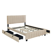 DreamHaus platform upholstered storage bed with two drawers and twin long trundle, featuring a padded headboard and modern design.