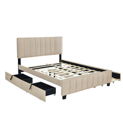 DreamHaus platform upholstered storage bed with two drawers and twin long trundle, featuring a padded headboard and modern design.