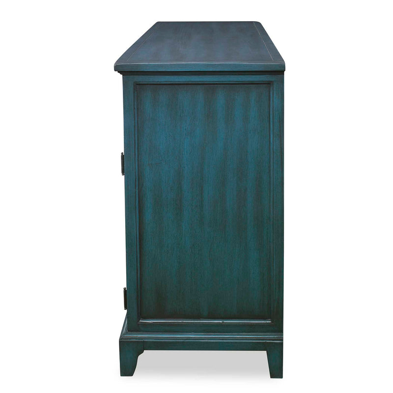 Uttermost Oksana wooden credenza in green with sleek design and natural wood finish, featuring cabinet doors and modern hardware.