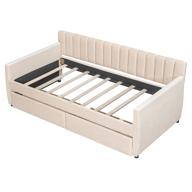 DreamHaus upholstered storage daybed with slat support, featuring plush fabric and built-in storage drawers for versatile bedroom seating.