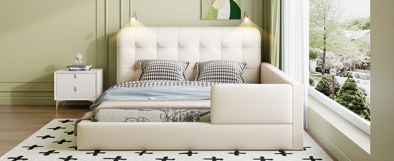 Queen Size Upholstered Platform Bed With 2 Reading Lights - White - R&R Furniture Gallery (Fountain Valley, CA)