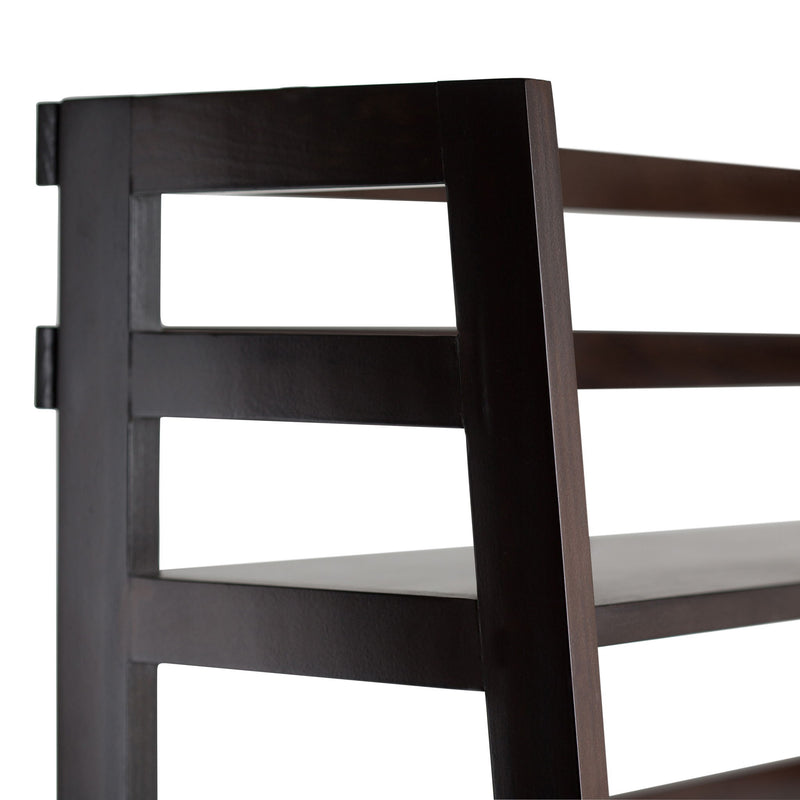 Simpli-Home Acadian handcrafted ladder shelf bookcase with multiple wooden shelves for home storage and display.