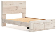 Signature Design by Ashley Lawroy panel bed with storage, showcasing the bed frame and built-in storage drawers in a modern bedroom setting.