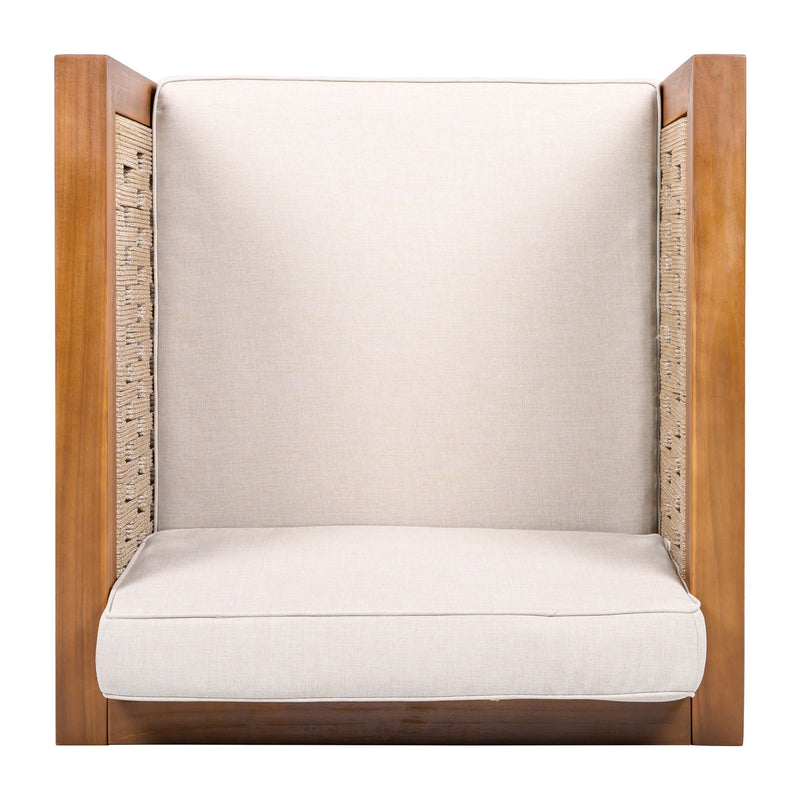 Noble House outdoor club arm chair with rope armrests and cushions, designed for patio or garden relaxation.