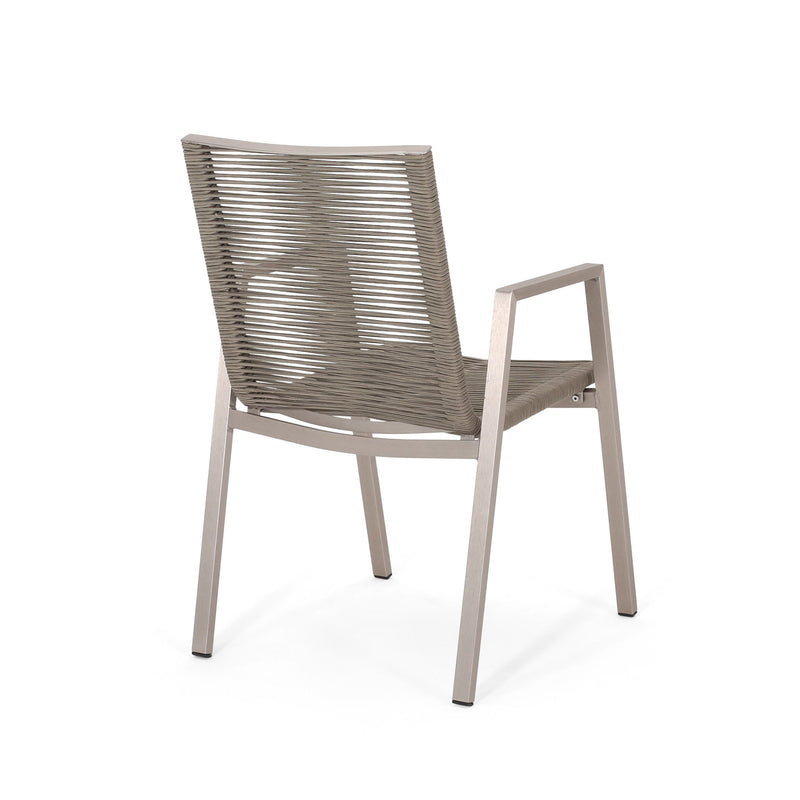 Noble House outdoor modern aluminum dining chair set with rope sea accents, set of 2, suitable for patio or garden dining.