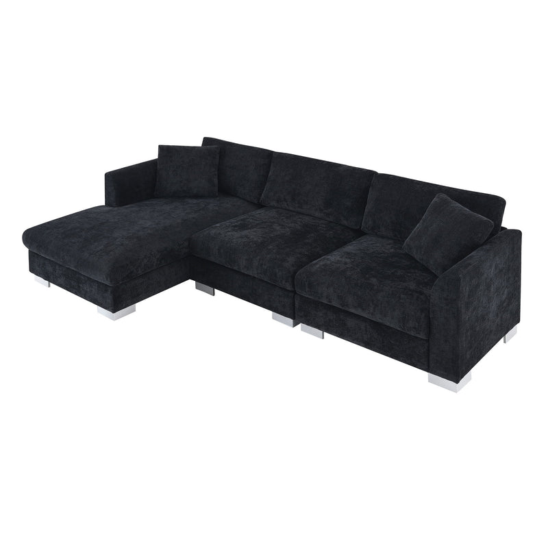 Luxe & Co. Modern cloud-shaped L-shaped sectional sofa with four seats, oversized chaise, and two free pillows in a stylish living room.