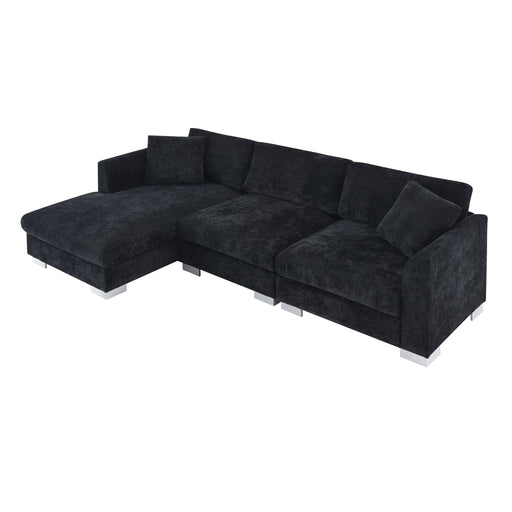 Luxe & Co. Modern cloud-shaped L-shaped sectional sofa with four seats, oversized chaise, and two free pillows in a stylish living room.