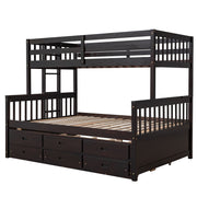 DreamHaus bunk bed with twin size trundle and built-in drawers, featuring sturdy wood frame and space-saving design.