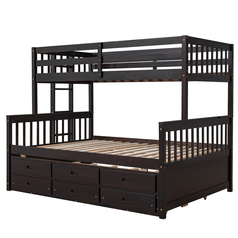 DreamHaus bunk bed with twin size trundle and built-in drawers, featuring sturdy wood frame and space-saving design.