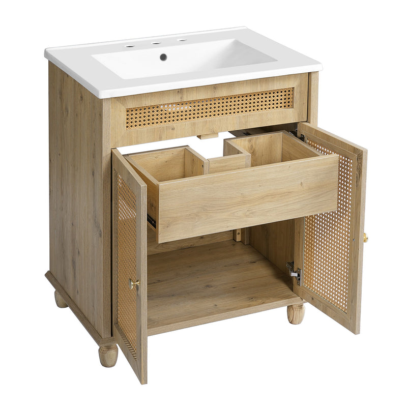 Bathroom Vanity With Handwoven Rattan Doors, Resin Basin - Natural Wood - R&R Furniture Gallery (Fountain Valley, CA)