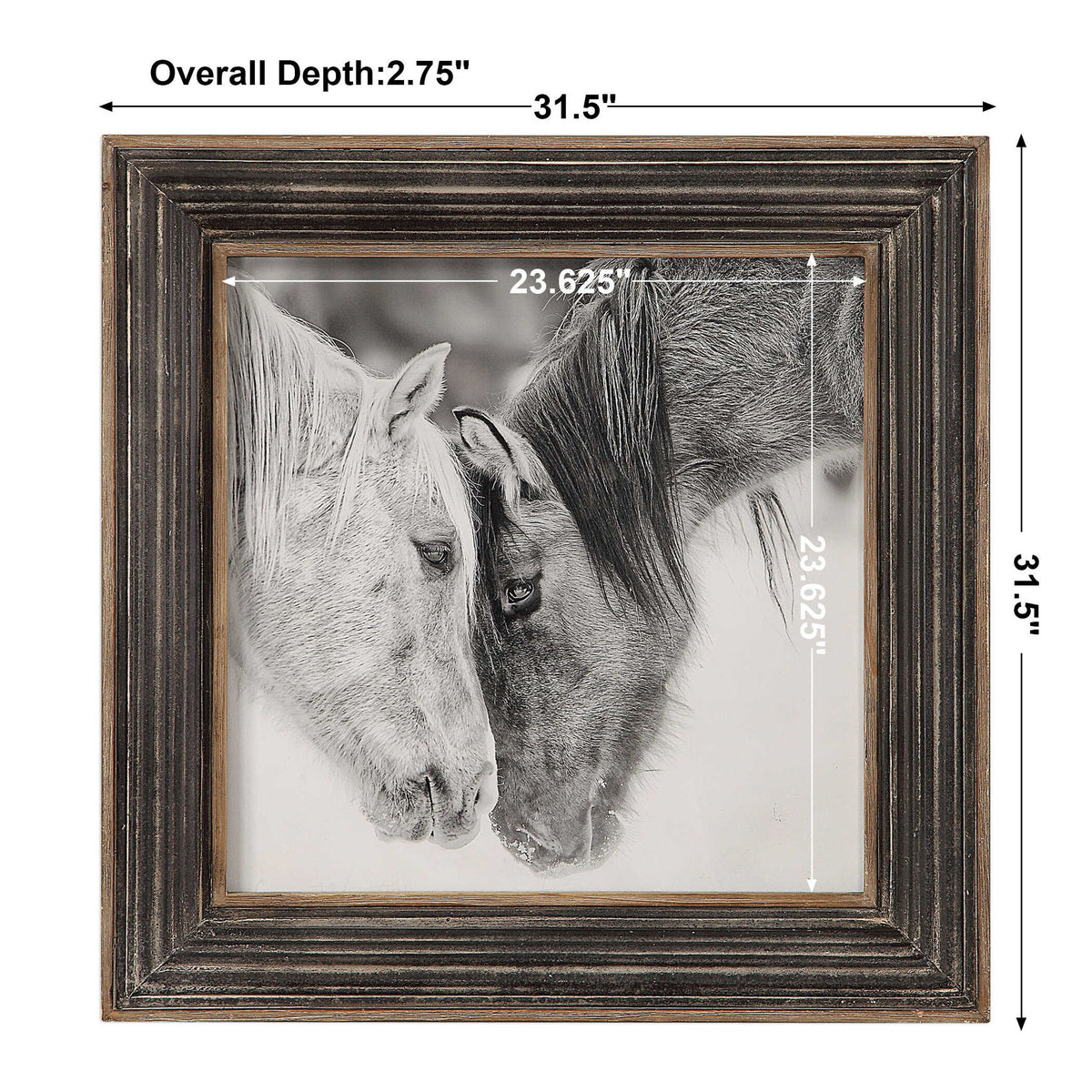 Framed print of black and white horses by Uttermost featuring dark brown accents, showcasing detailed horse artwork.