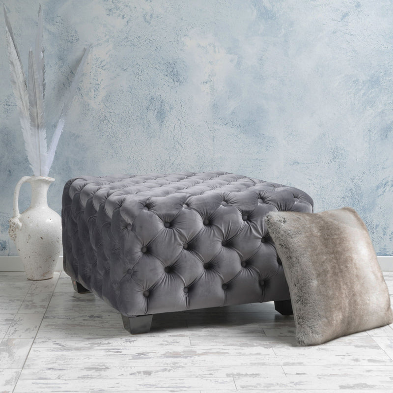 Noble House modern glam upholstered ottoman with button tufted design and plush fabric, stylish furniture for living room decor