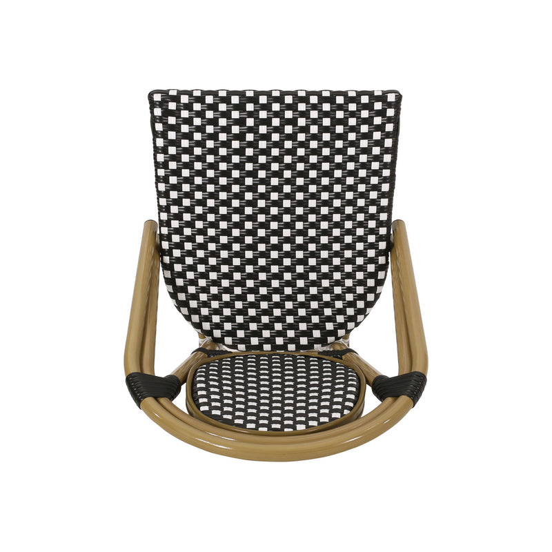 Outdoor rattan and aluminum French bistro chair set by Noble House, featuring stylish, weather-resistant chairs for outdoor dining.