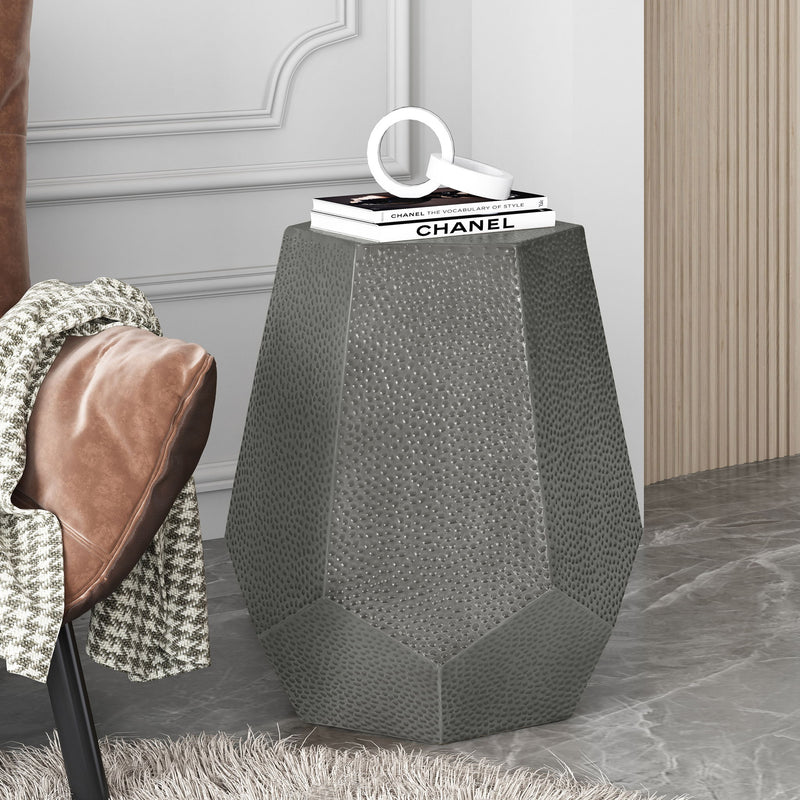 Modern hammered iron geometric end table by Noble House, featuring a stylish metal frame and sleek tabletop design.