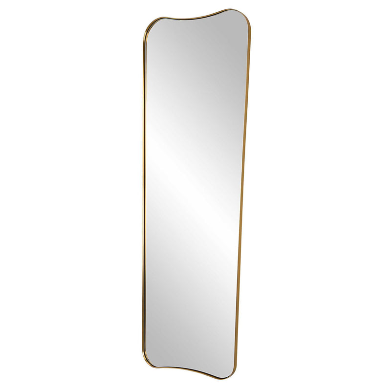 Large wall mirror by Uttermost with an antique brass finish, featuring a sleek rectangular frame and reflective glass surface.