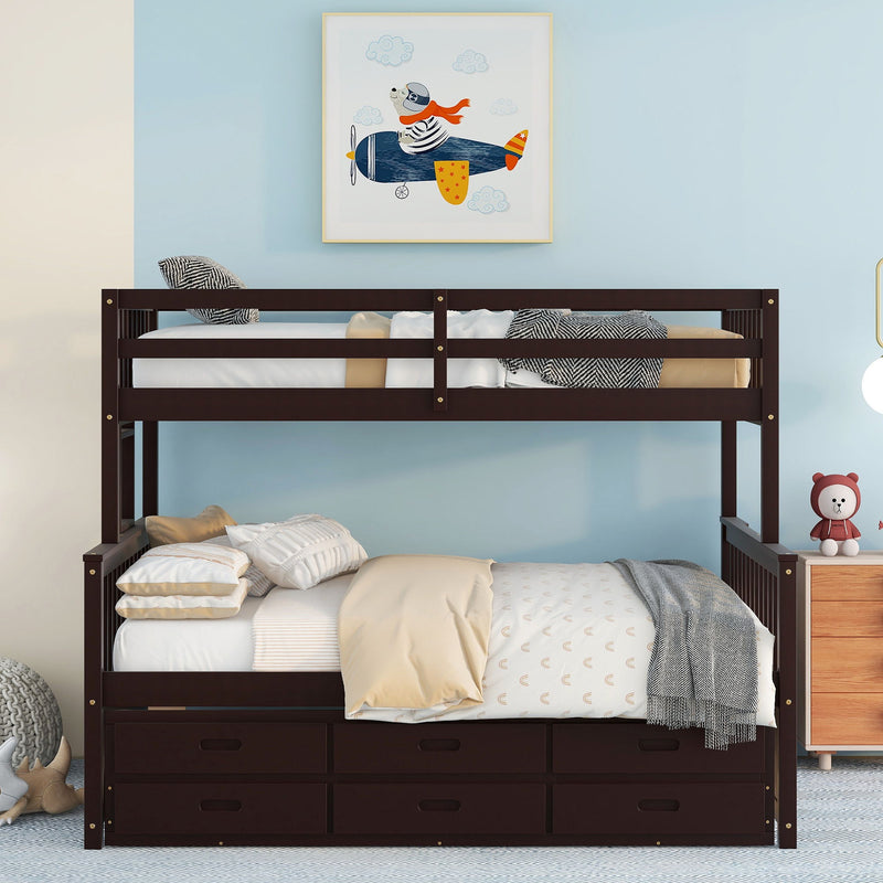 DreamHaus bunk bed with twin size trundle and built-in drawers, showcasing a sturdy wooden frame and space-saving design.