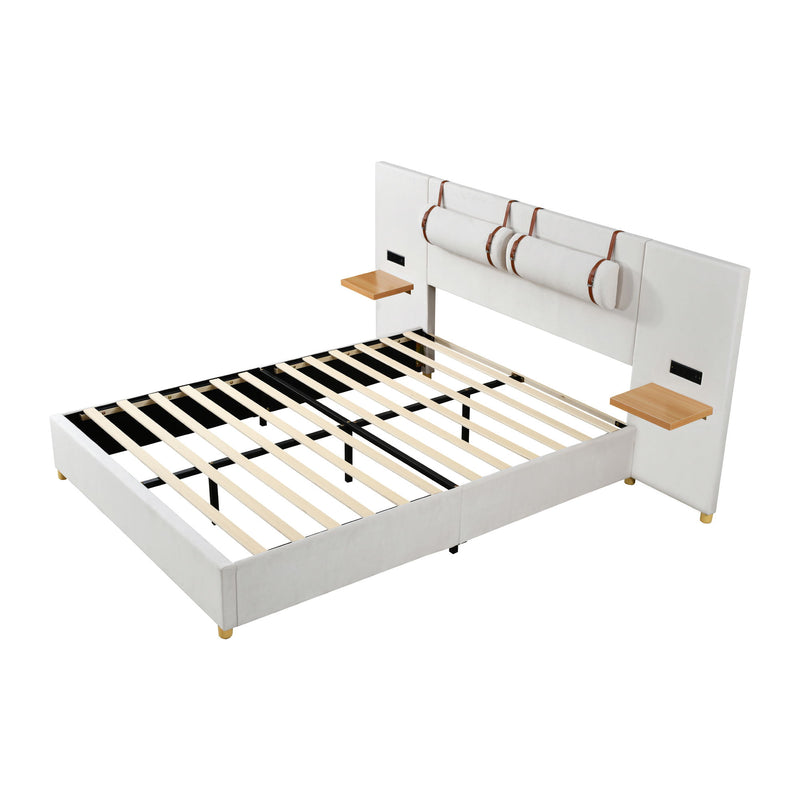 Upholstered Platform Bed, 2 Outlets And USB Charging Ports On Both Sides, 2 Bedside Pillows, Storage Shelves - R&R Furniture Gallery (Fountain Valley, CA)