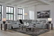 Signature Design by Ashley Modmax II reclining sectional in salt and pepper fabric, showing the plush, cushioned seats and reclining features.