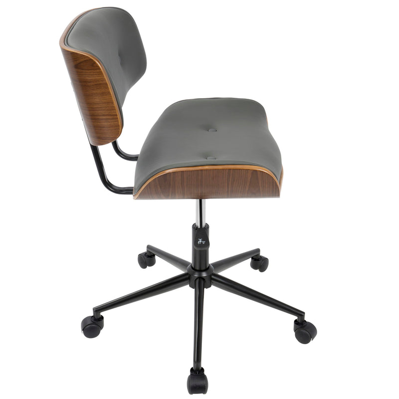 Lumi Source Lombardi mid-century modern adjustable swivel office chair with wooden armrests and a cushioned seat.
