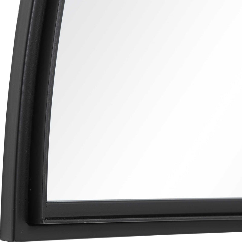 Black iron arched window mirror by Uttermost, featuring a sleek, curved design perfect for vintage or modern interior decor.