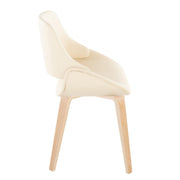 Lumi Source Fabrico mid-century modern dining chair set with natural bent wood legs and blue, cream, or camel upholstered seats.