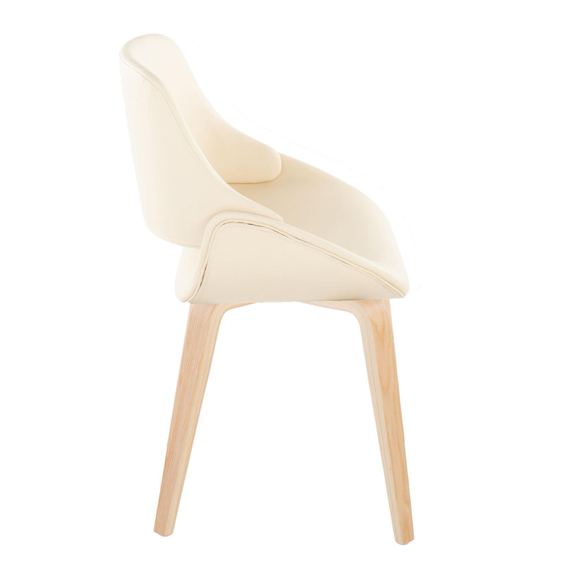 Lumi Source Fabrico mid-century modern dining chair set with natural bent wood legs and blue, cream, or camel upholstered seats.