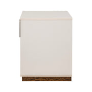 Michael Amini Pavira accent nightstand with a sleek wood finish and modern design, featuring a single drawer and open shelf.