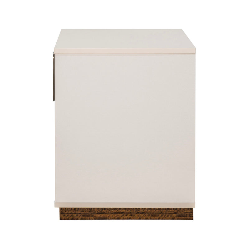Michael Amini Pavira accent nightstand with a sleek wood finish and modern design, featuring a single drawer and open shelf.