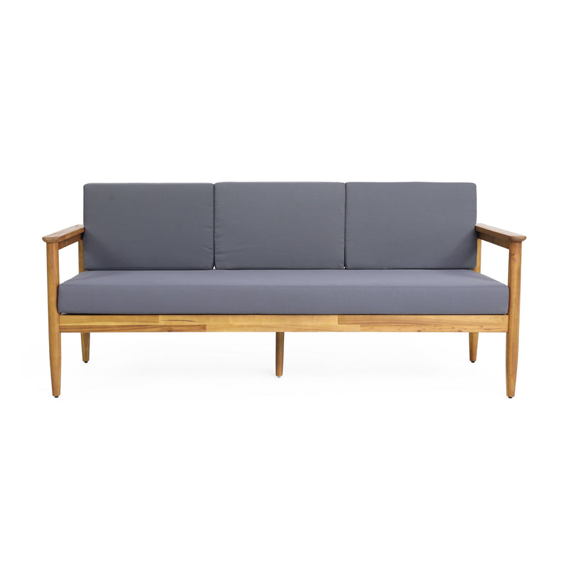 Dark gray outdoor 3-seater sofa with cushions made of teak acacia wood by Noble House, perfect for patio seating.