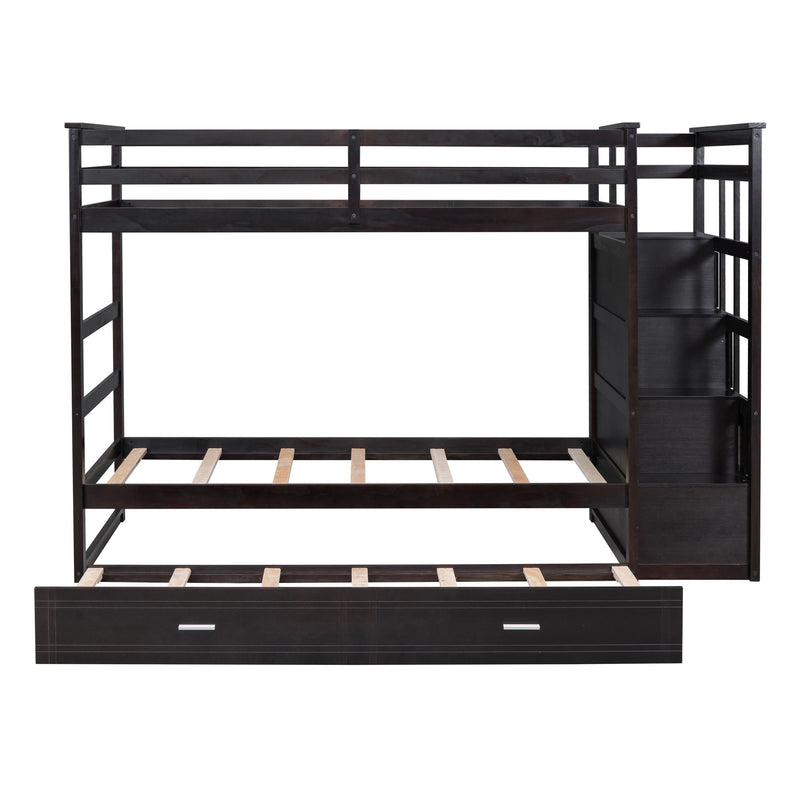 DreamHaus bunk bed with staircase and trundle, featuring sturdy wood construction, twin-size sleeping areas, and integrated storage.