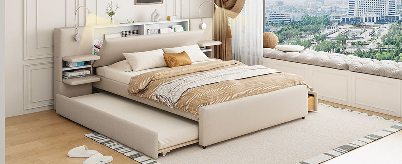 Upholstered Platform Bed With Reading Lights, Drawers, Trundle And Shelves - R&R Furniture Gallery (Fountain Valley, CA)