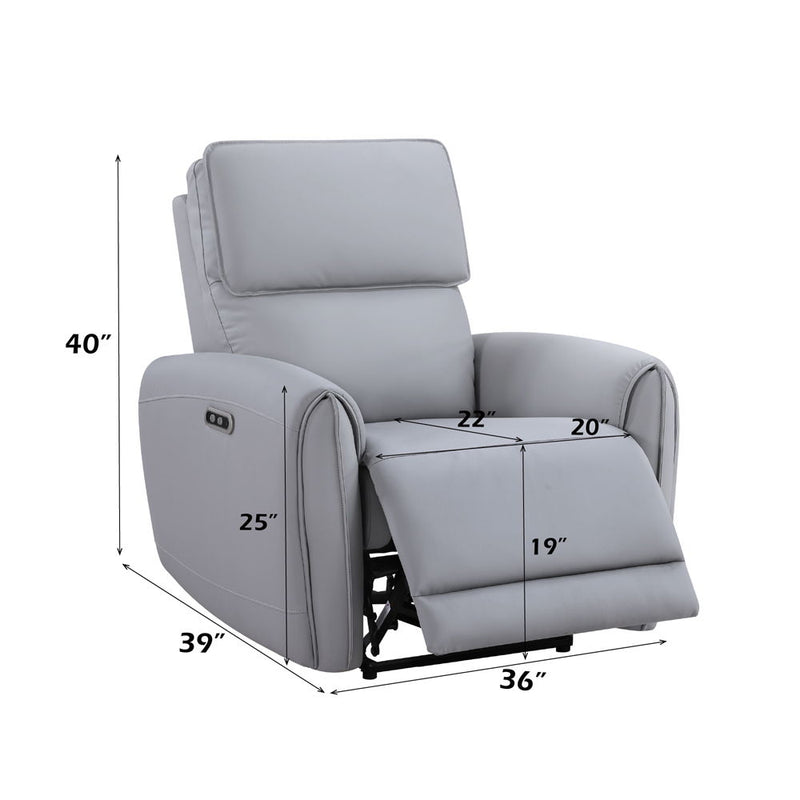 Gray synthetic leather ACME Jeromie power motion recliner with USB port, showcasing plush reclining chair with built-in charging feature.
