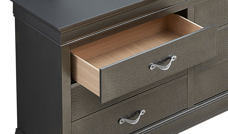 Metallic black dresser from Glory Furniture, showcasing a sleek and sophisticated storage solution with multiple drawers.