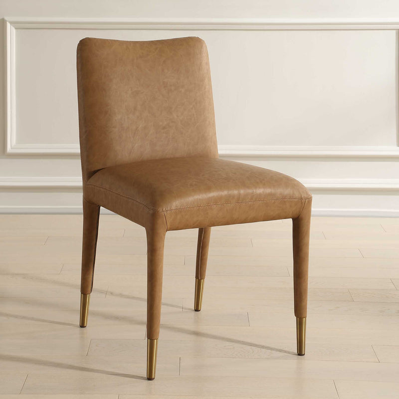 Set of two Uttermost Conifer dining chairs with wooden legs and upholstered seats, showcasing elegant and comfortable seating.