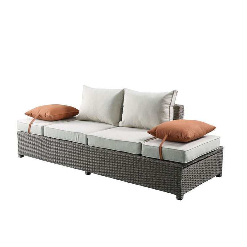 Salena - Patio Sofa With 2 Pillows & Ottoman - Beige Fabric & Gray Wicker - R&R Furniture Gallery (Fountain Valley, CA)