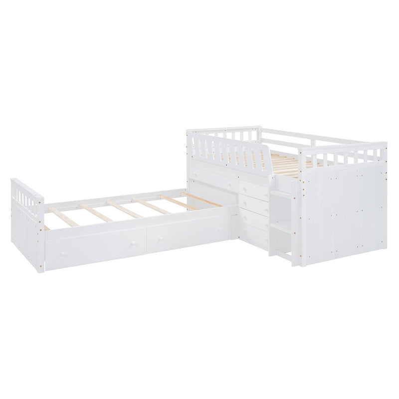 DreamHaus loft platform bed with 7 drawers, full guardrails, and modern L-shaped design for space-saving bedroom storage.