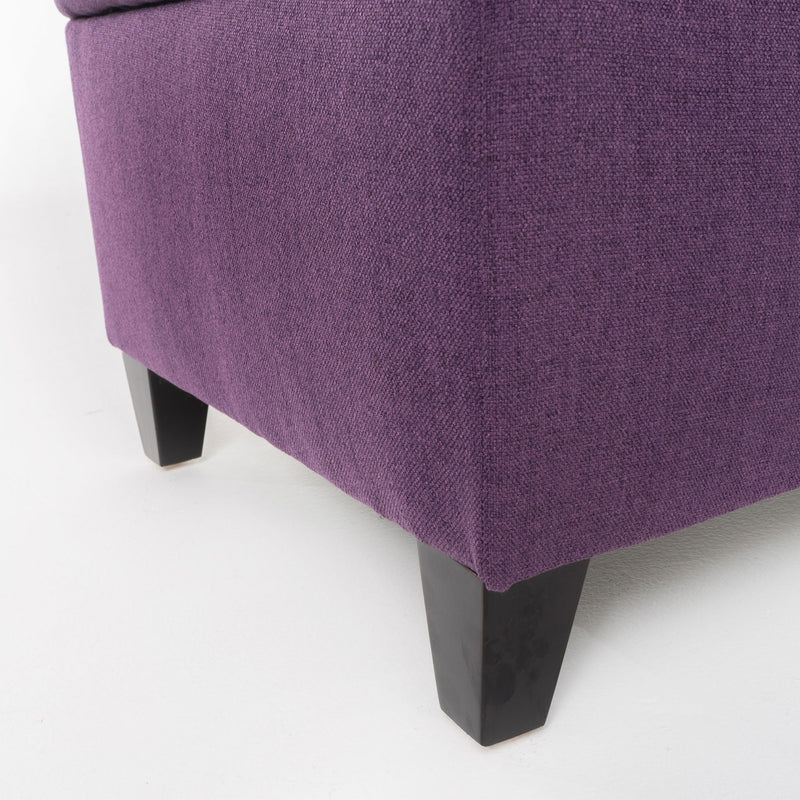 Juliana storage ottoman by Noble House with birch wood legs, featuring a plush upholstered top and hidden storage compartment.